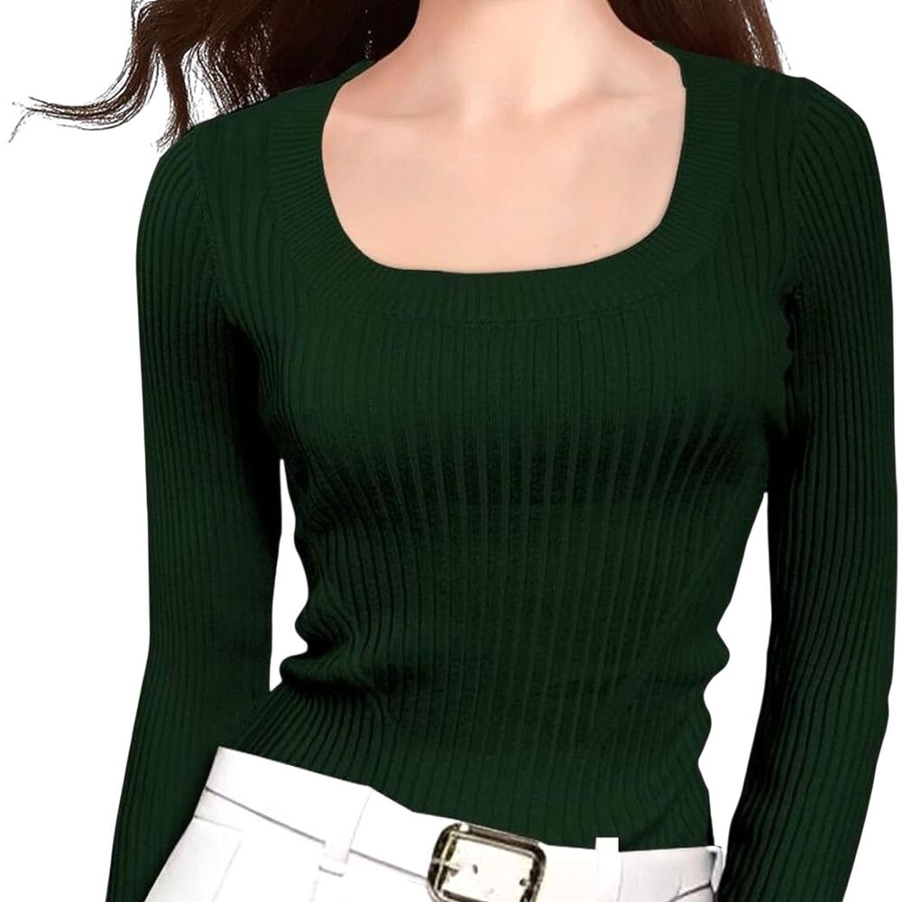 V28 Sweater Shirt Top Blouse Scoop Neck Rib Knit Dark Green XS